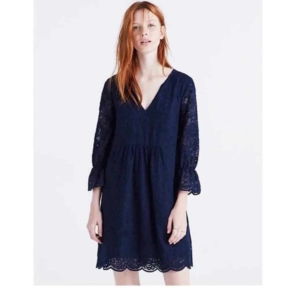 Madewell Slowsong Dress Womens 0 Navy Blue Embroidered Lace Coastal Grandmother